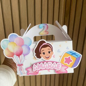 Handmade Ms. Rachel gable box party favor with personalised name banner, colourful balloons, and pastel rainbow number – custom birthday gift box for toddler Ms. Rachel themed party.”