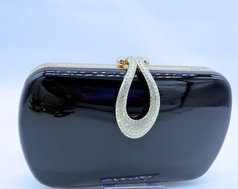Women's Black Glossy Clutch Purse With Rhinestone Clasp
