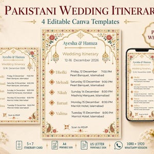 Puede incluir: Un conjunto de cuatro plantillas editables de itinerario de boda pakistaní con fondo crema y bordes florales ornamentados en rojo, verde y oro. El texto incluye Ayesha & Hamza, Wedding Itinerary, 12-16 December 2026 y detalles de los eventos.