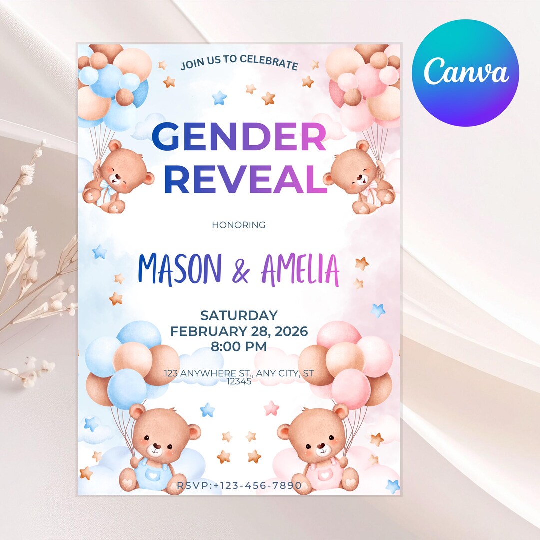 Teddy Bear Gender Reveal Invitation Editable Baby Boy or Girl Invite He ...