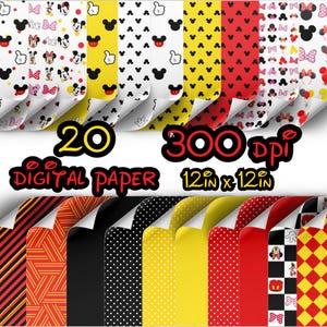 Op de afbeelding: Een verzameling van 20 digitale papieren met verschillende patronen, waaronder stippen, strepen en Mickey Mouse-ontwerpen. De papieren zijn 30,48 cm x 30,48 cm groot en hebben een resolutie van 300 dpi. Het kleurenpalet omvat rood, geel, zwart en wit.