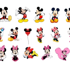 Peut inclure: Une collection d'images de dessins anim&eacute;s mettant en vedette Mickey Mouse et Minnie Mouse dans diverses poses. Mickey est repr&eacute;sent&eacute; dans son short rouge classique, ses chaussures jaunes et ses gants noirs. Minnie est repr&eacute;sent&eacute;e dans des robes &agrave; pois et des n&oelig;uds. Les images sont sur fond blanc.