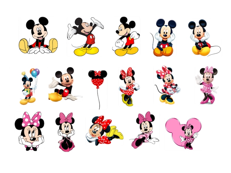 Peut inclure: Une collection d'images de dessins anim&eacute;s mettant en vedette Mickey Mouse et Minnie Mouse dans diverses poses. Mickey est repr&eacute;sent&eacute; dans son short rouge classique, ses chaussures jaunes et ses gants noirs. Minnie est repr&eacute;sent&eacute;e dans des robes &agrave; pois et des n&oelig;uds. Les images sont sur fond blanc.