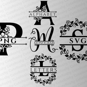 Könnte beinhalten: Schwarze florale Alphabet- und Monogramm-Designs. Das Bild enthält die Buchstaben A, D, G, I und M, jeweils mit einem einzigartigen floralen Design. Die Buchstaben sind durch horizontale Linien mit den Texten "ALPHABET", "PNG", "MONOGRAM", "SVG" und "LETTERS" getrennt.