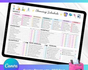 Editable Cleaning Schedule Checklist, ADHD Home cleaning planner, Daily weekly monthly yearly, Canva Template, Instant Download, Print/Edit