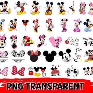 Può includere: Una collezione di vari disegni dei personaggi di Topolino e Minnie. Le immagini includono illustrazioni a figura intera, sagome della testa e disegni di fiocchi in rosso, rosa e nero. Il testo "PNG TRANSPARENT" è in basso.