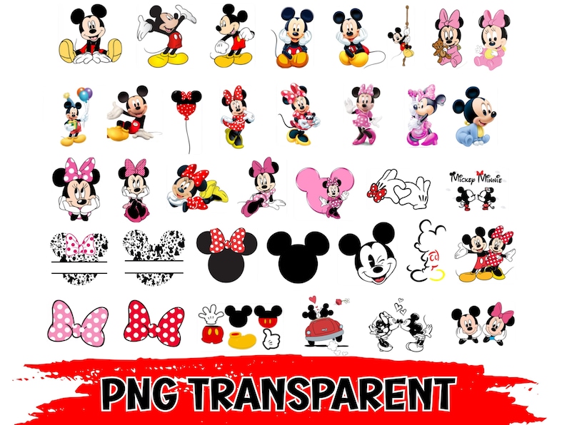 Peut inclure: Une collection de divers motifs de personnages de Mickey Mouse et Minnie Mouse. Les images comprennent des illustrations compl&egrave;tes, des silhouettes de t&ecirc;tes et des motifs de n&oelig;uds en rouge, rose et noir. Le texte "PNG TRANSPARENT" est en bas.