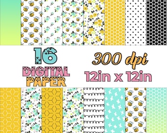 Papeles digitales de abejorros, páginas de álbumes de recortes de primavera con abejas en panal (JPEG), patrón digital repetitivo, papel para álbumes de recortes, patrones de abejas sin costuras.