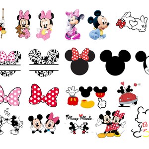 Peut inclure: Une collection de graphiques sur le th&egrave;me de Mickey et Minnie Mouse. Les images comprennent des personnages de dessins anim&eacute;s, des n&oelig;uds et des formes d'oreilles de Mickey Mouse dans divers styles et couleurs. Certaines images ont du texte.