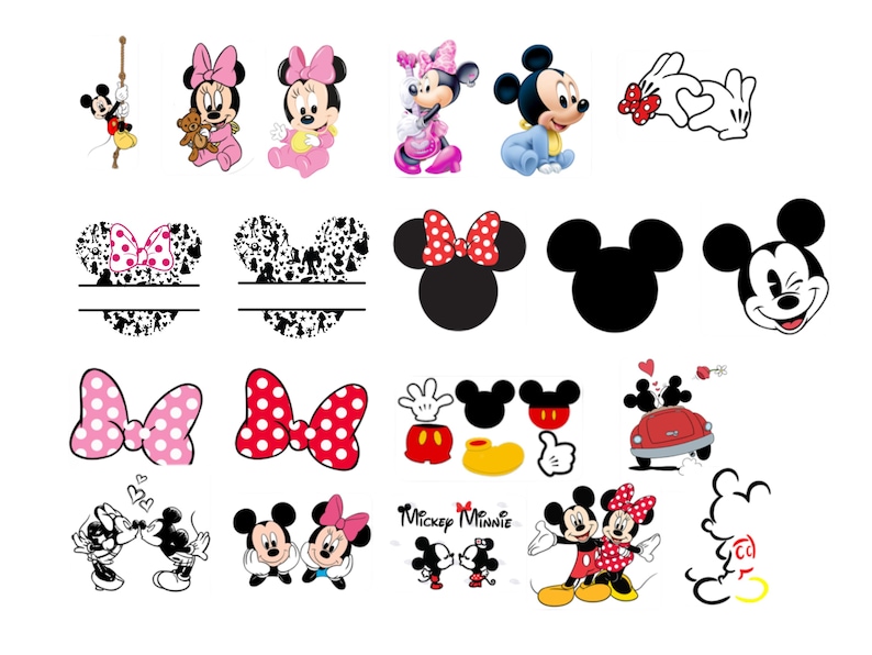Peut inclure: Une collection de graphiques sur le th&egrave;me de Mickey et Minnie Mouse. Les images comprennent des personnages de dessins anim&eacute;s, des n&oelig;uds et des formes d'oreilles de Mickey Mouse dans divers styles et couleurs. Certaines images ont du texte.