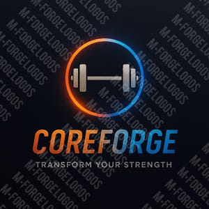 May include: A logo design with a barbell inside a circle with orange and blue gradients. The word "COREFORGE" is in orange and blue, with the tagline "TRANSFORM YOUR STRENGTH" below it. The background is black with a repeating pattern of "M-FORGE LOGOS".