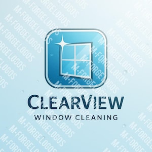May include: A logo for Clearview Window Cleaning. The design includes a blue square with rounded corners, featuring a stylized window and a starburst. The company name and service are below in dark blue text.
