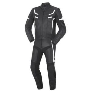 Men Black Leather Motorcycle Racing Suit – Full Body Protective Gear with White Accents Armor Biker Track Suit