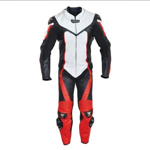 Pro Leather Motorcycle Racing Suit – Red Black White Biker | Men’s Full Body Motorbike Gear by Faylon Exports
