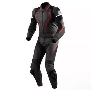 1 Men motorcycle racing suit 1-piece armor biker leather suit | black & red track riding gear