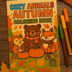 Op de afbeelding: Een "Cozy Animals Autumn Coloring Book" met illustraties van een eekhoorn, beer en vos met sjaals, pompoenen en herfstbladeren. De tekst op de omslag is oranje en blauw. Kleurpotloden en herfstbladeren zijn rond het boek gerangschikt.