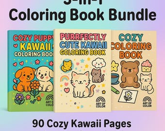 Cozy Coloring Book Bundle 90 Kawaii Animal Coloring Pages for Adults and Kids