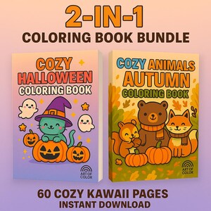 Op de afbeelding: Een 2-in-1 kleurboekbundel met twee boeken: "Cozy Halloween Coloring Book" met een kat in een heksenhoed en pompoenen, en "Cozy Animals Autumn Coloring Book" met een beer, vos en eekhoorn. De bundel bevat 60 pagina's en is direct te downloaden.