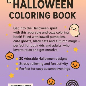 May include: A Halloween-themed coloring book with the title "COZY HALLOWEEN COLORING BOOK" in large, bold letters. The cover features cute ghost and pumpkin illustrations, with text promoting 30 designs and stress-relieving activities.