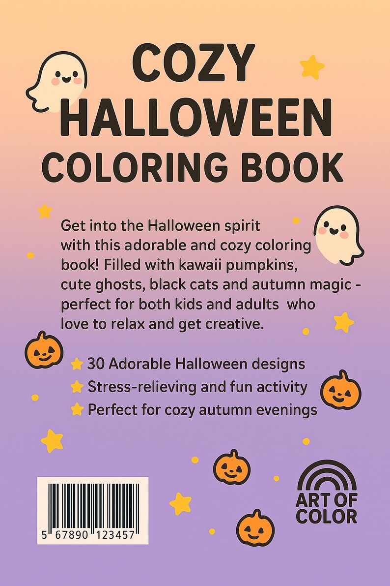 May include: A Halloween-themed coloring book with the title "COZY HALLOWEEN COLORING BOOK" in large, bold letters. The cover features cute ghost and pumpkin illustrations, with text promoting 30 designs and stress-relieving activities.