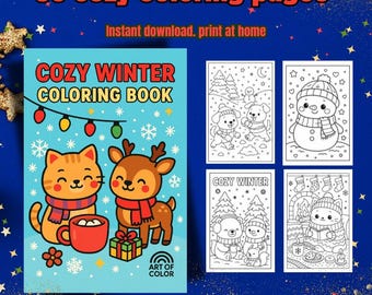 Cozy Winter Coloring Book for Adults & Kids – 30 Cute Kawaii Animal Coloring Pages Christmas Printable PDF