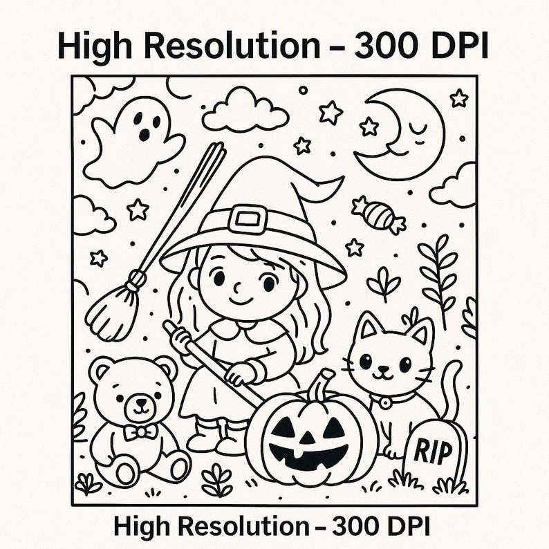 May include: Black and white Halloween-themed illustration featuring a witch with a broom, a jack-o'-lantern, a cat, a teddy bear, a ghost, and a tombstone. The image includes the text "High Resolution - 300 DPI".