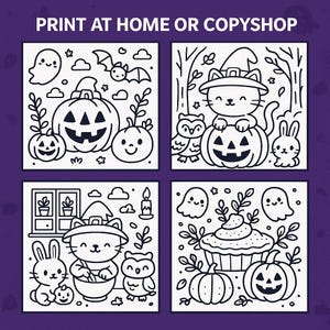 May include: Black and white Halloween-themed illustrations featuring pumpkins, ghosts, cats, owls, and a bunny. The text "PRINT AT HOME OR COPYSHOP" is at the top. These are perfect for coloring or crafting.