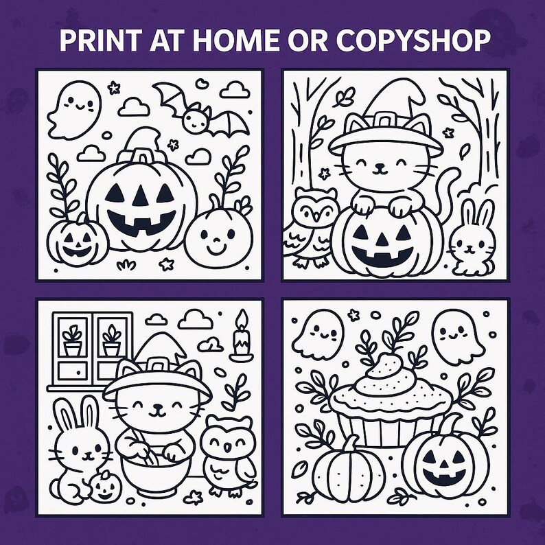 May include: Black and white Halloween-themed illustrations featuring pumpkins, ghosts, cats, owls, and a bunny. The text "PRINT AT HOME OR COPYSHOP" is at the top. These are perfect for coloring or crafting.