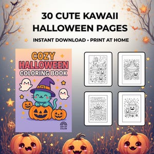 May include: A digital download featuring a "Cozy Halloween Coloring Book" with 30 kawaii-style pages. The cover shows a teal cat in a witch hat on pumpkins. Additional pages with Halloween-themed illustrations are also displayed.