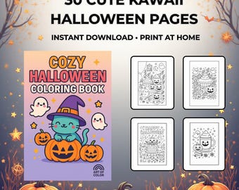 Halloween Coloring Book 30 Cute Kawaii Pages Printable PDF for Kids and Adults, Spooky & Fun Instant Download