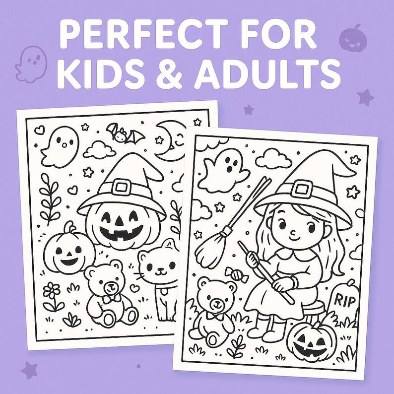 May include: Two Halloween-themed coloring pages with black and white illustrations. One features a jack-o'-lantern wearing a witch hat, a ghost, and teddy bears. The other shows a witch with a broom, a pumpkin, and a tombstone. The text says "PERFECT FOR KIDS & ADULTS."