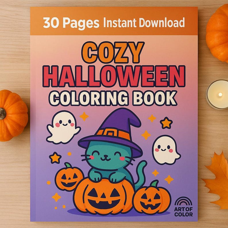 May include: A "Cozy Halloween Coloring Book" with a cartoon cat in a witch hat on a pumpkin, ghosts, and stars. The cover is purple and orange, with the text "30 Pages Instant Download". Pumpkins and a candle are on the wooden surface.