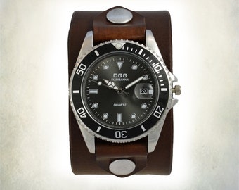 Men's Dark Brown Leather Cuff Watch - Sport Diver