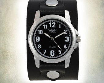 Black Leather Cuff Watch - Classic 70's