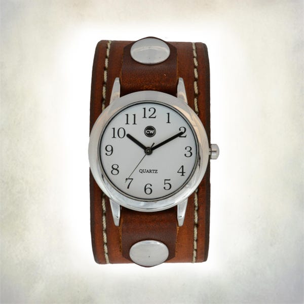 Women's Handmade Leather Cuff Watch With Stitching