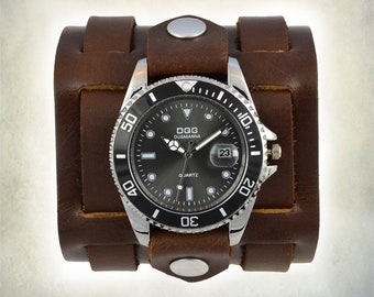 Men's Brown Leather Cuff Watch - 3 Straps - Diver