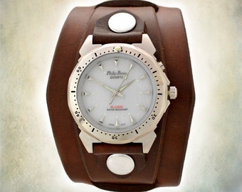 Men's Brown Leather Cuff Watch - Indiglo Backlight
