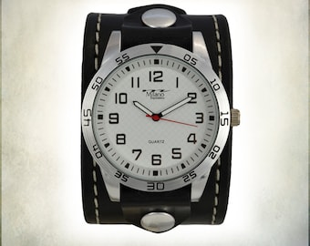 Men's Black Leather Cuff Watch With Stitching
