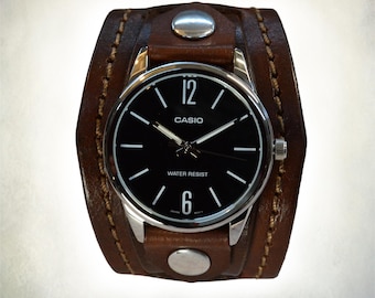 Brown Leather Cuff Watch With Stitching