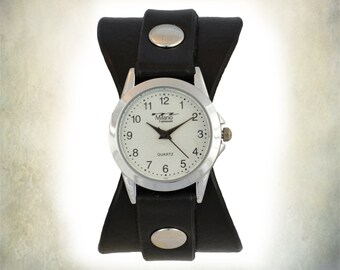 Black Leather Hourglass Cuff Watch