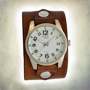 Brown Leather Cuff Watch; Wrap Around Cuff