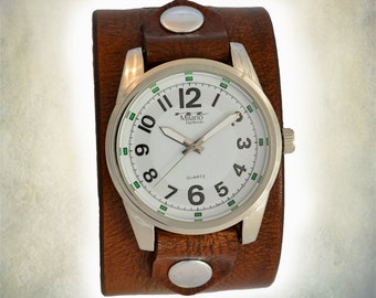 Brown Leather Cuff Watch; Wrap Around Cuff