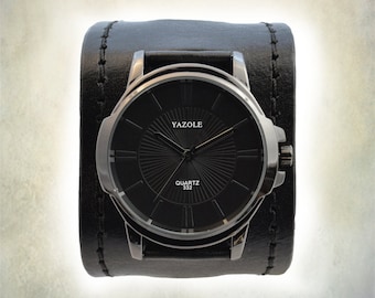 Wide Leather Cuff Watch - Black on Black