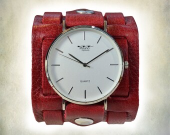Women’s Red Leather Tri Strap Cuff Watch