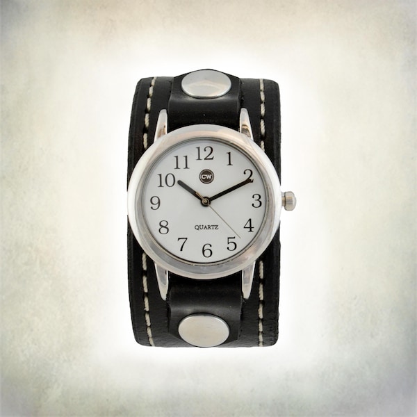 Women's Handmade Leather Cuff Watch With Stitching