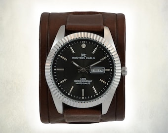 Men's Brown Leather Cuff Watch - Day & Date