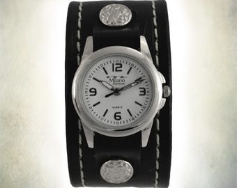 Women's Handmade Black Leather Cuff Watch With Stitching