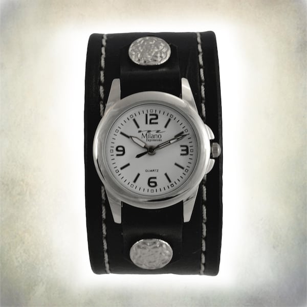 Women's Handmade Black Leather Cuff Watch With Stitching