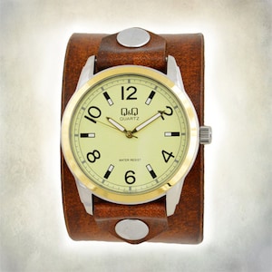 Men&#39;s Brown Leather Cuff Watch - Wrap Around Cuff