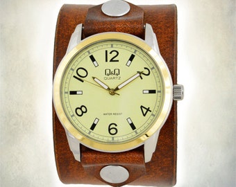 Men's Brown Leather Cuff Watch - Wrap Around Cuff